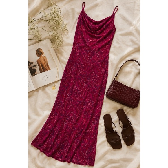 Up Front Dresses & Skirts - Vintage Y2K Fuchsia Paisley Slip Dress Maxi Dress Cowl Neck Bias Cut USA 11/12